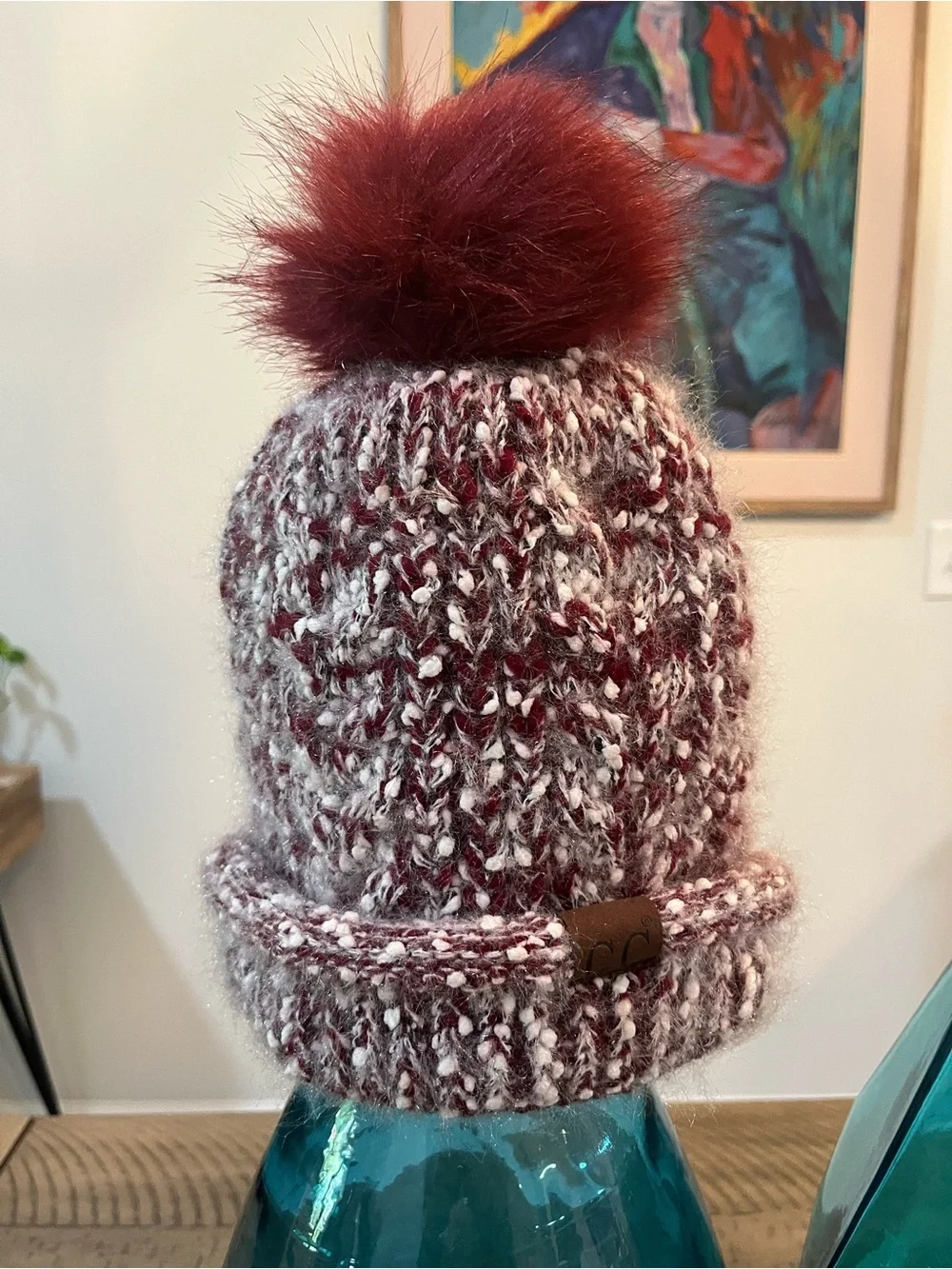 Maroon and White Knit Pom Beanie